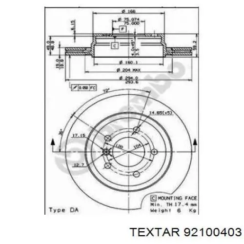 Disco de freno 92100403 Textar