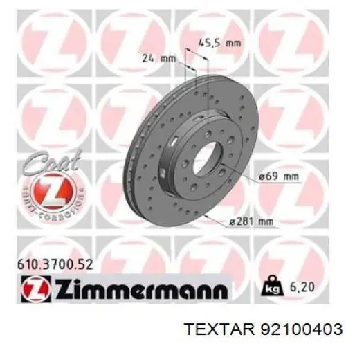 Disco de freno delantero Textar 92100403