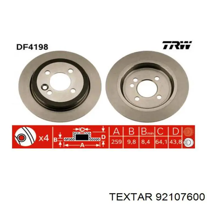 92107600 Textar disco de freno trasero