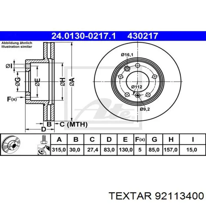 92113400 Textar freno de disco delantero