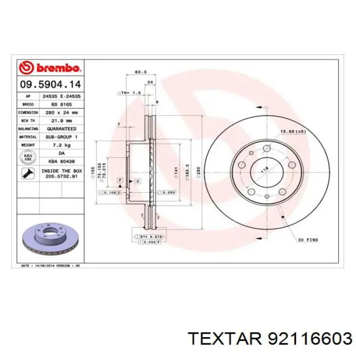 92116603 Textar freno de disco delantero