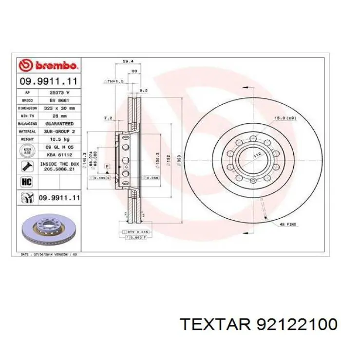 92122100 Textar freno de disco delantero