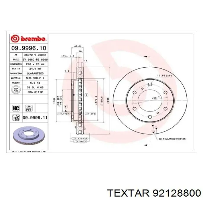 92128800 Textar freno de disco delantero