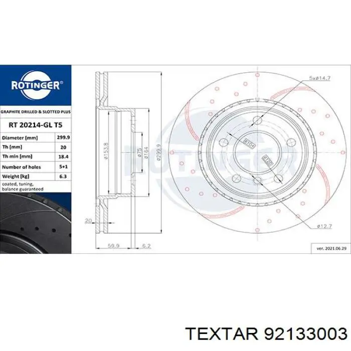 Disco de freno trasero 92133003 Textar