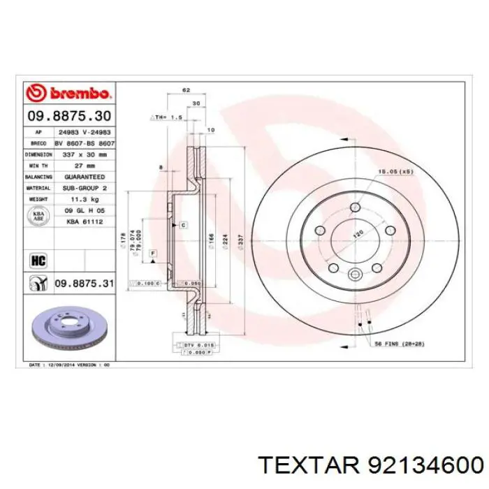 92134600 Textar freno de disco delantero