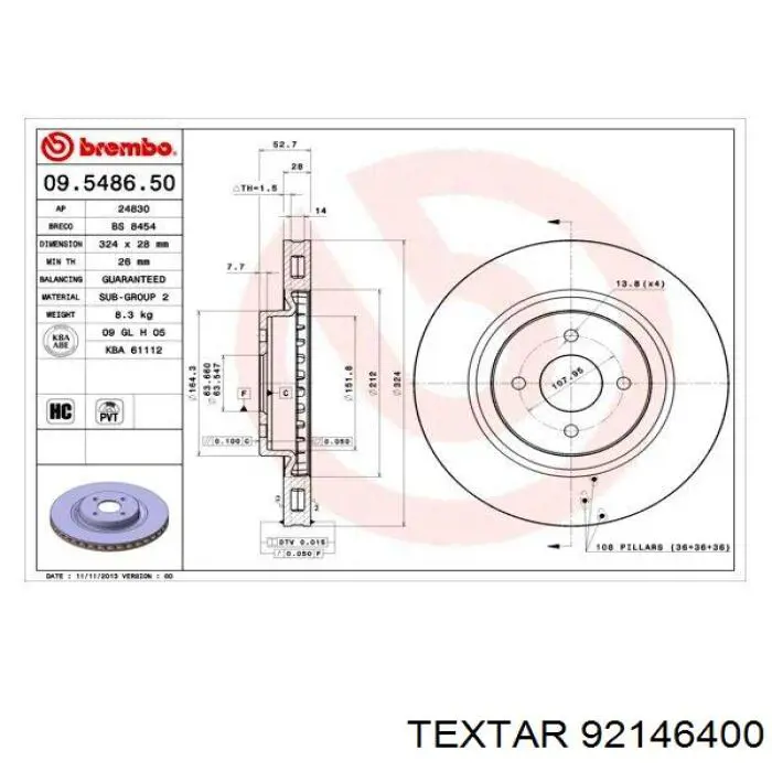 92146400 Textar freno de disco delantero