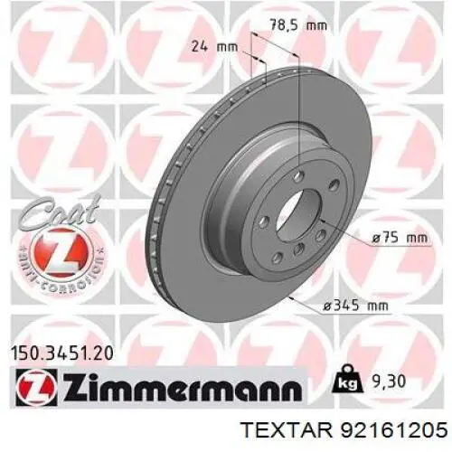 92161205 Textar disco de freno trasero