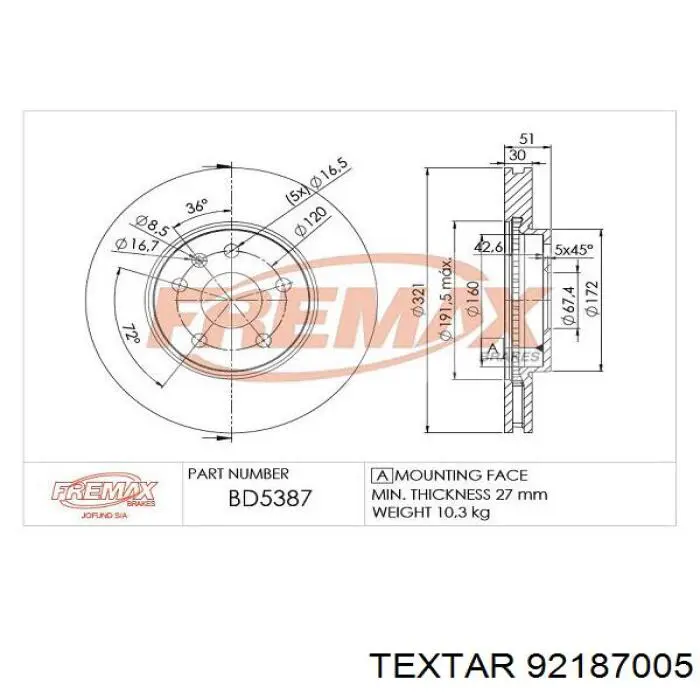 Disco de freno 92187005 Textar