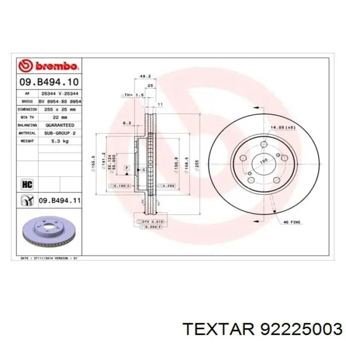 Disco de freno 92225003 Textar