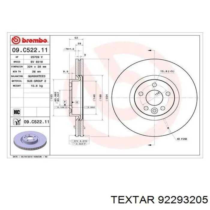 92293205 Textar freno de disco delantero