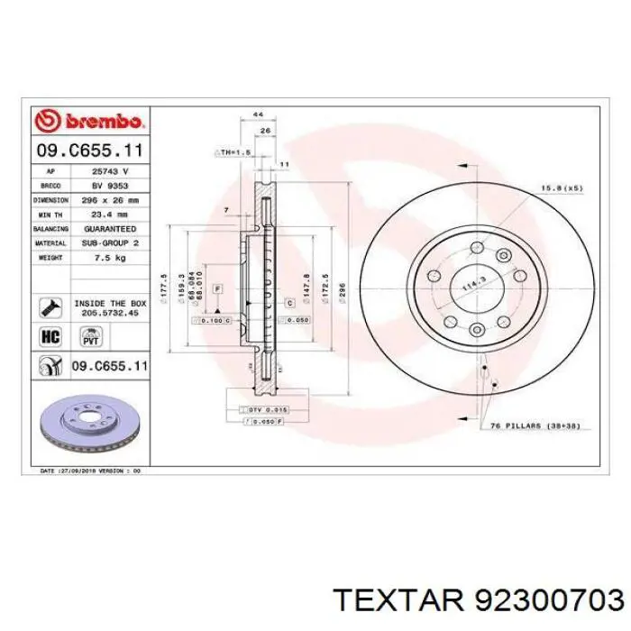 92300703 Textar freno de disco delantero