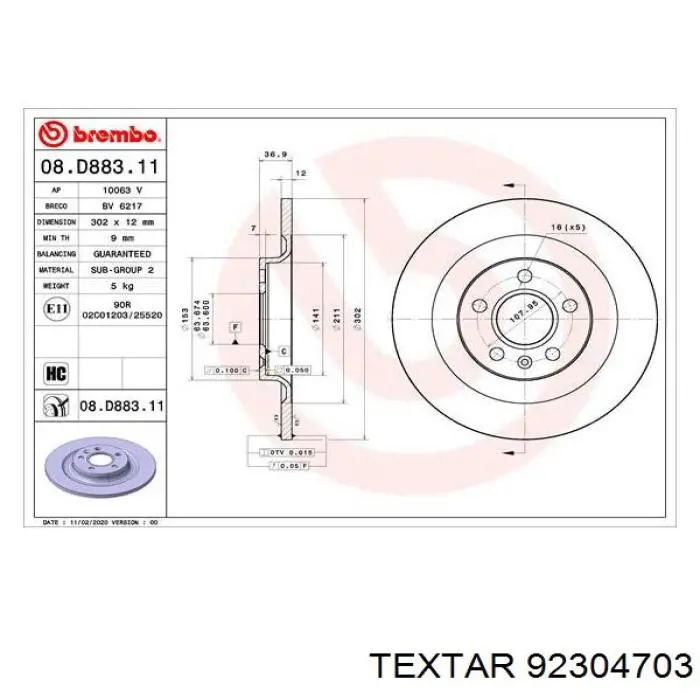 92304703 Textar disco de freno trasero