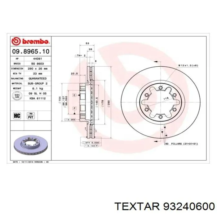 93240600 Textar disco de freno delantero