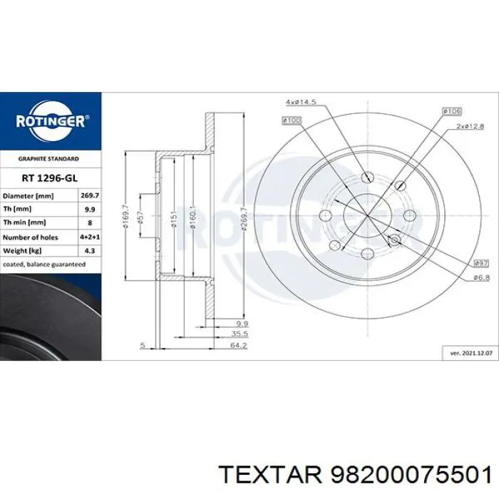 98200075501 Textar disco de freno trasero