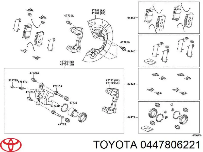 447806221 Toyota juego de reparación, pinza de freno delantero