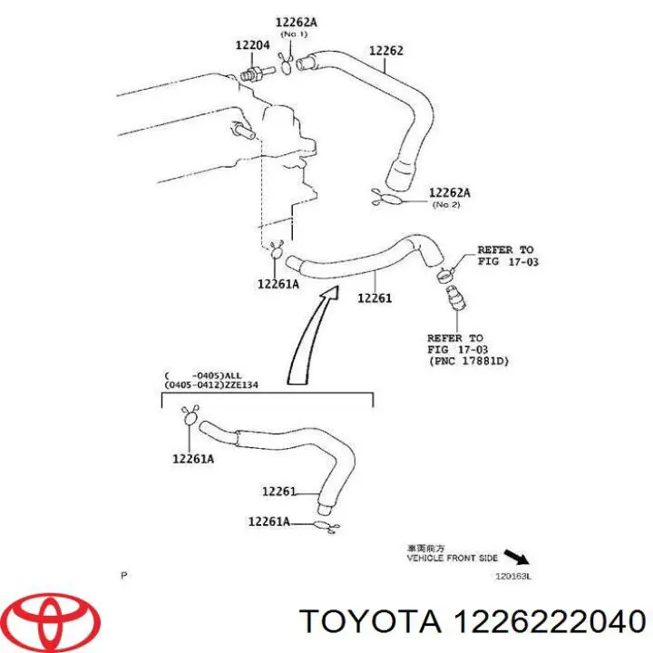 122620D110 Toyota tubo de ventilacion del carter (separador de aceite)