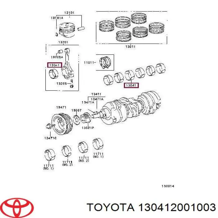 130412001004 Toyota juego de cojinetes de cigüeñal, cota de reparación +0,25 mm