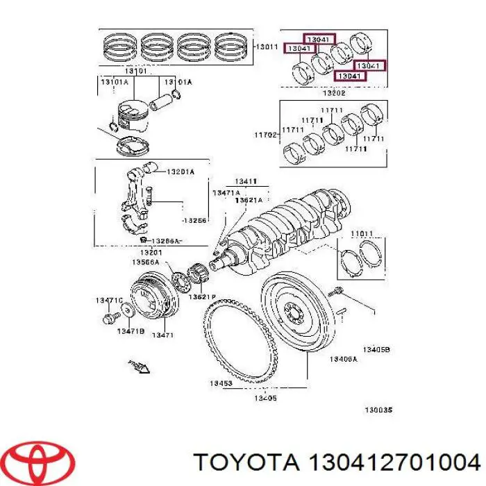 130412701004 Toyota juego de cojinetes de cigüeñal, cota de reparación +0,25 mm