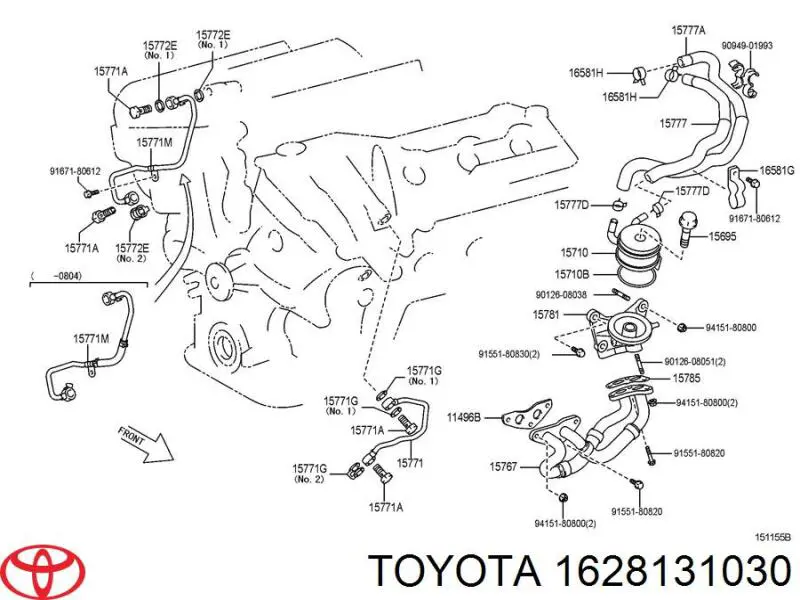 1628131030 Toyota tubo (manguera de retorno del radiador de aceite (baja presión))