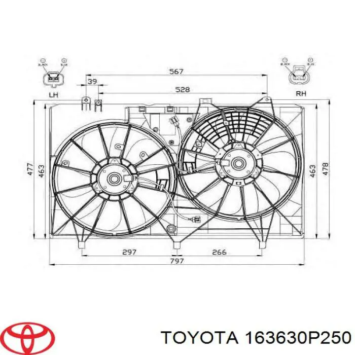 163630P250 Toyota difusor de radiador, ventilador de refrigeración, condensador del aire acondicionado, completo con motor y rodete