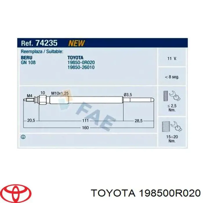 Bujía de precalentamiento 198500R020 Toyota