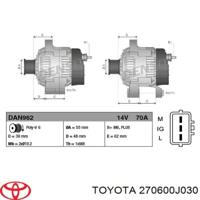 Alternador 270600J030 Toyota