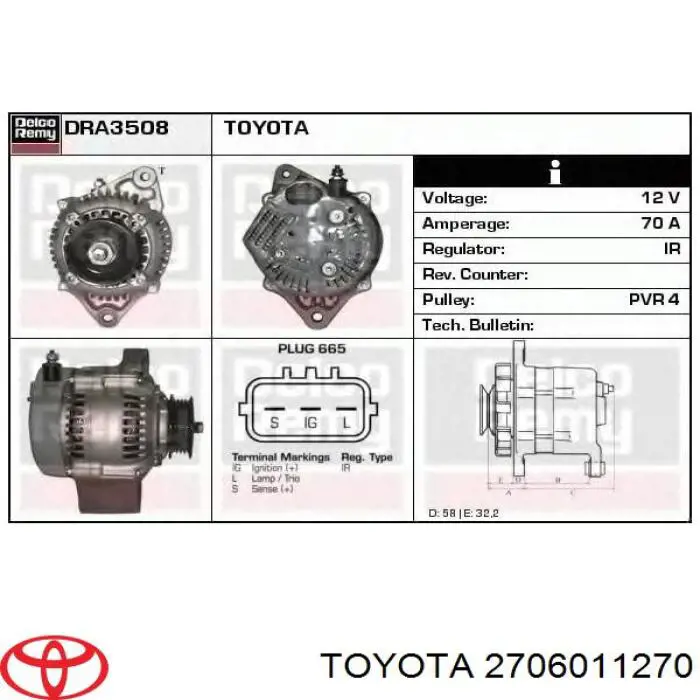 Alternador del motor Toyota 2706011270 precio, desde 145,20 EUR