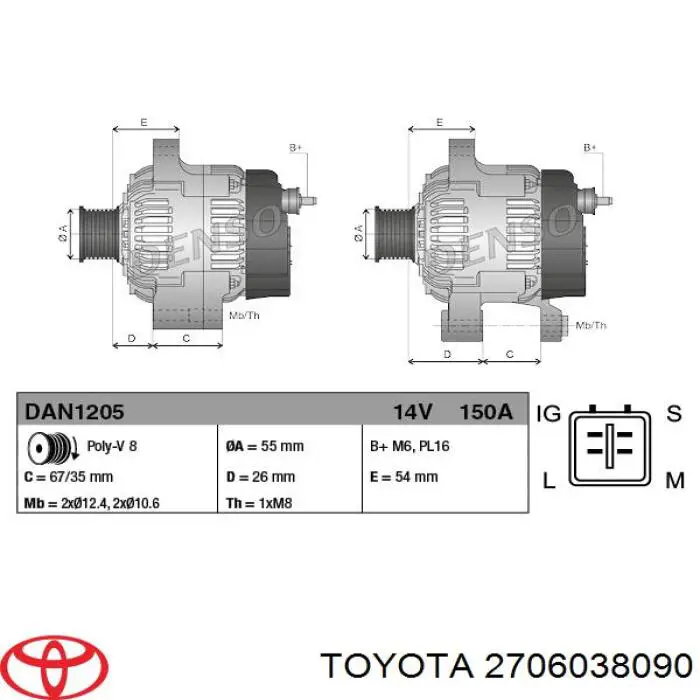 Alternador 2706038090 Toyota