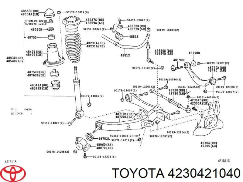 4230421040 Toyota muñón del eje, suspensión de rueda, trasero derecho