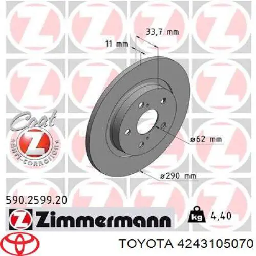 Disco de freno trasero 4243105070 Toyota