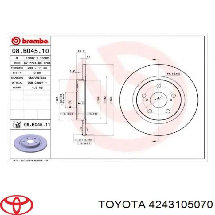 4243105070 Toyota disco de freno trasero