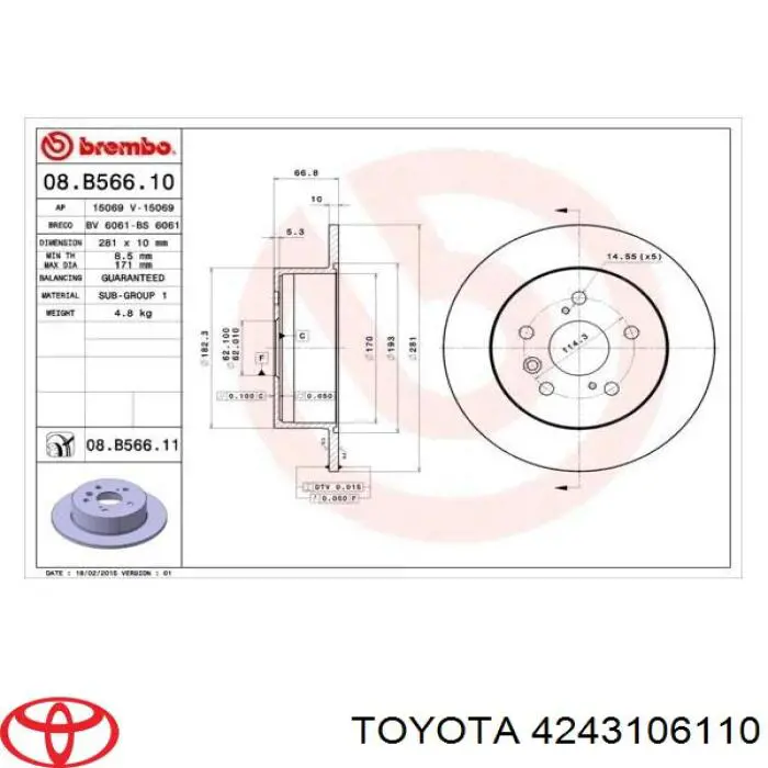Disco de freno trasero 4243106110 Toyota