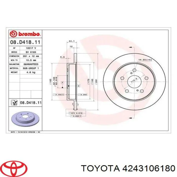 4243106180 Toyota disco de freno trasero