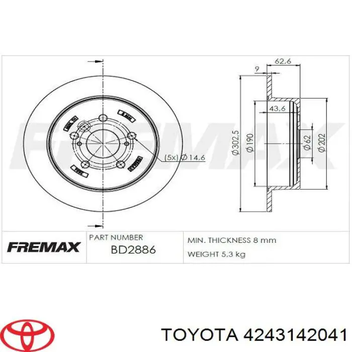 Disco de freno trasero 4243142041 Toyota