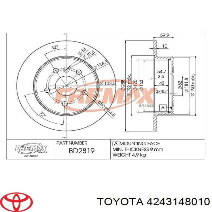 Comprar 4243148010 Toyota Disco de freno trasero