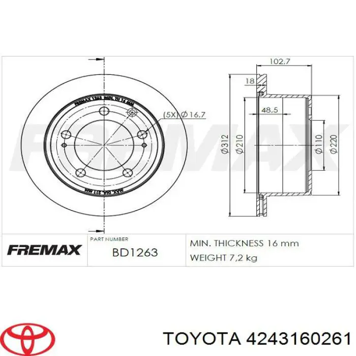 4243160261 Toyota disco de freno trasero