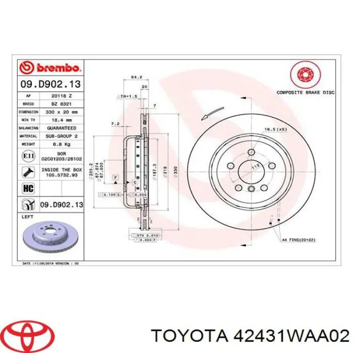 42431WAA02 Toyota disco de freno trasero