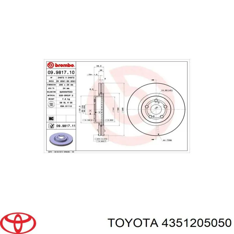 4351205050 Toyota disco de freno delantero