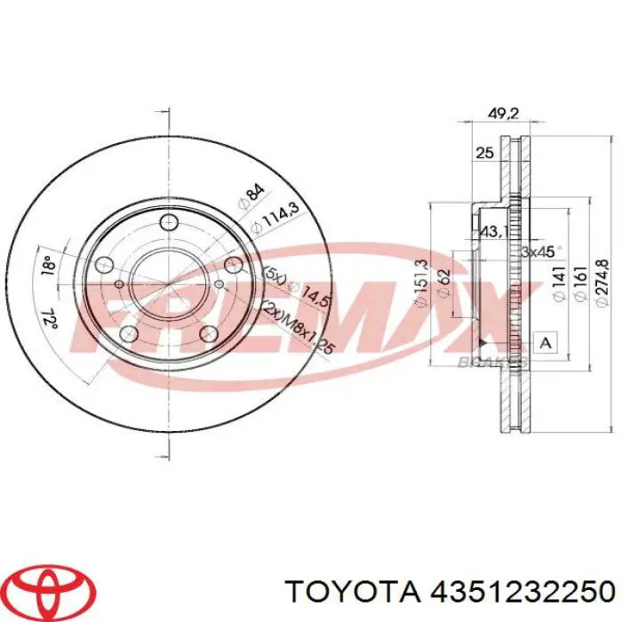 4351232250 Toyota freno de disco delantero