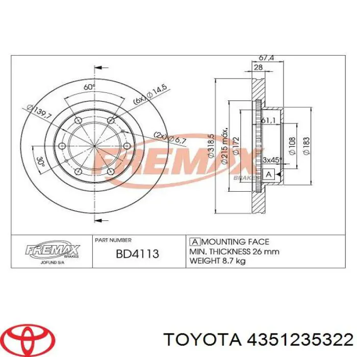 Disco de freno delantero Toyota 4351235322