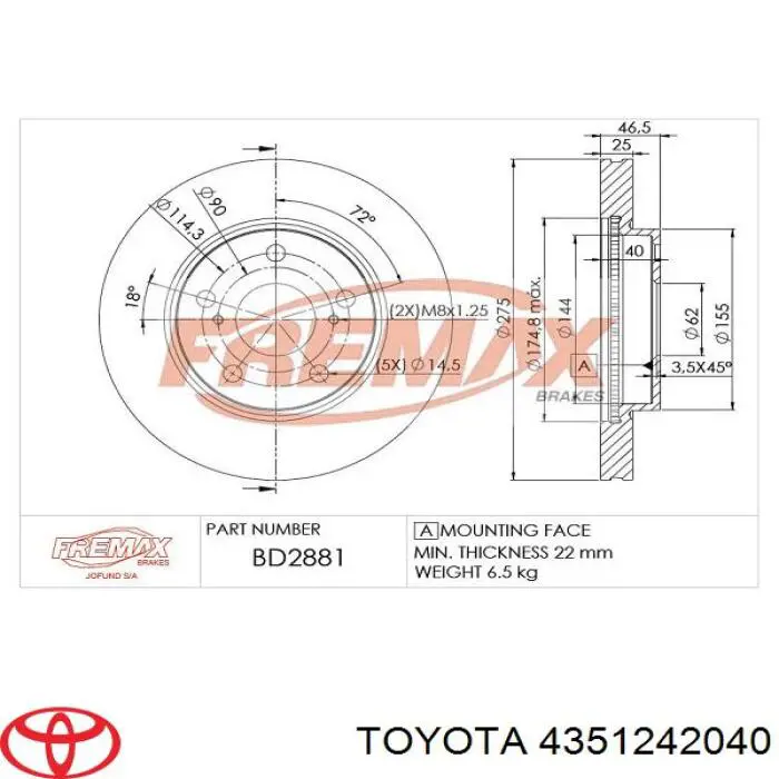 Disco de freno 4351242040 Toyota