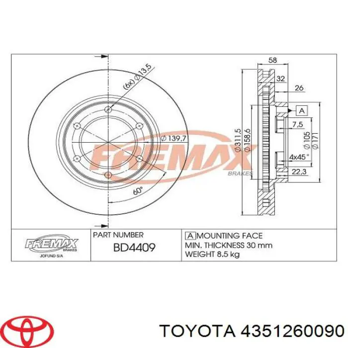 Disco de freno delantero Toyota 4351260090