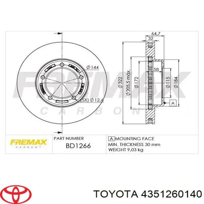 Disco de freno 4351260140 Toyota
