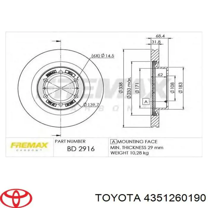 4351260190 Toyota disco de freno delantero