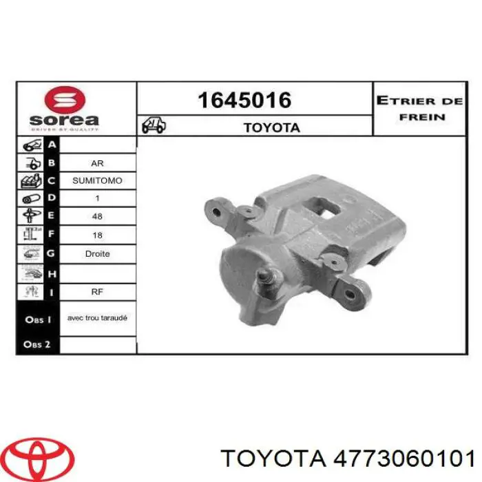 Comprar 4773060101 Toyota Pinza de freno trasera derecha
