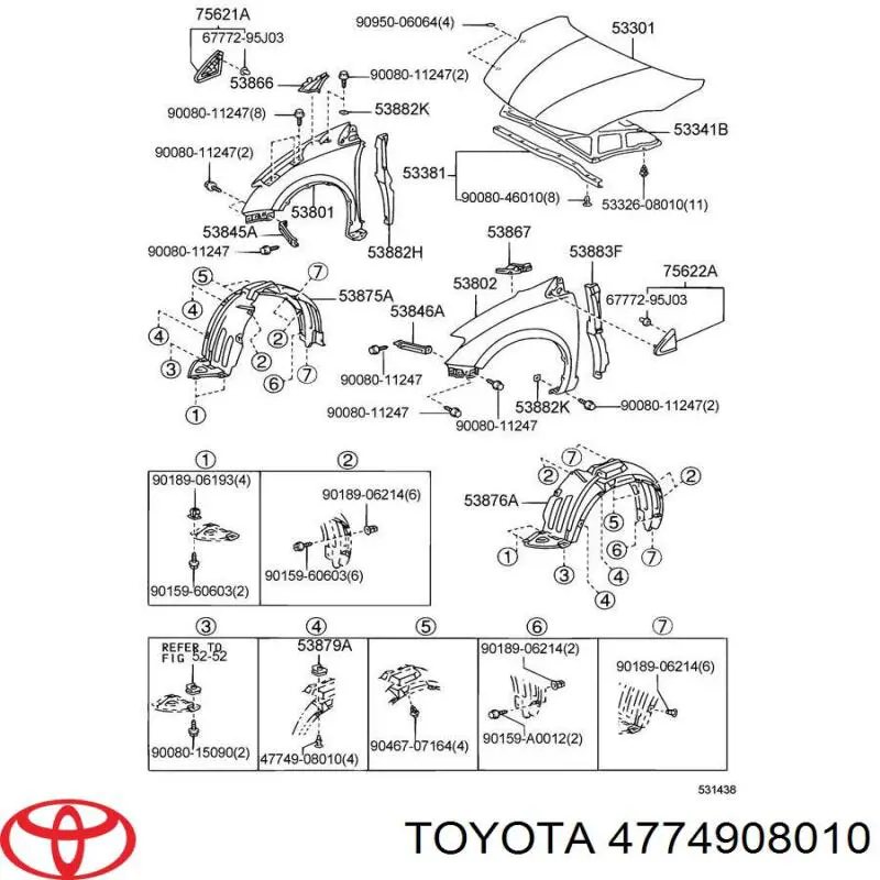 Comprar 4774908010 Toyota Clip de fijación del guardabarros delantero
