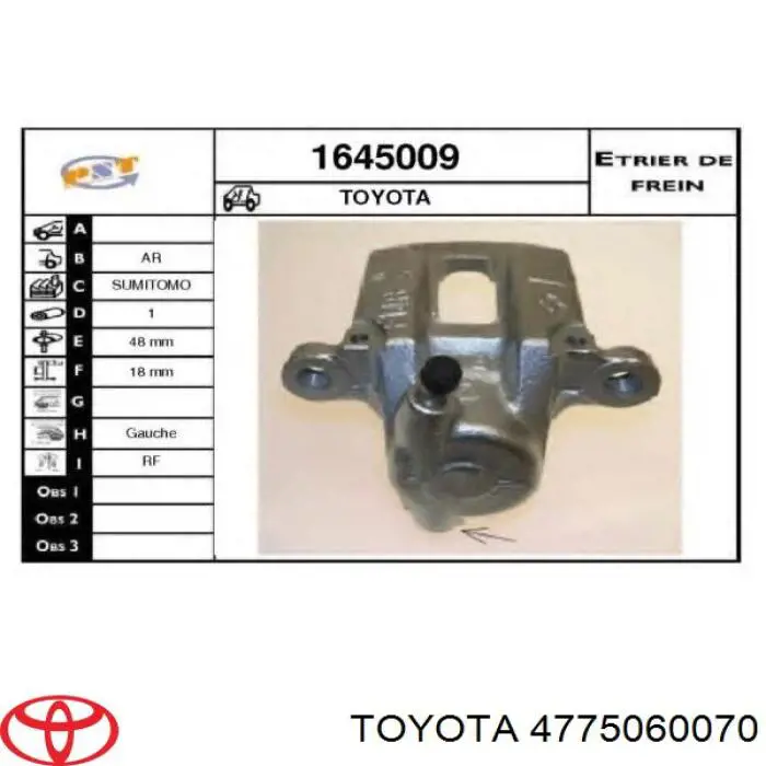 Comprar 4775060070 Toyota Pinza de freno trasera izquierda