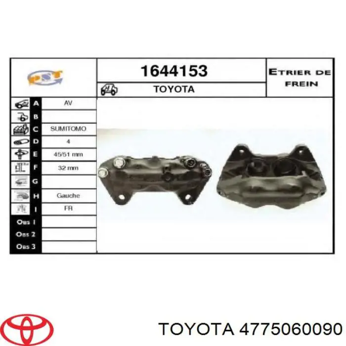 Pinza de freno delantera izquierda Toyota 4775060090 precio, desde 91,65 EUR