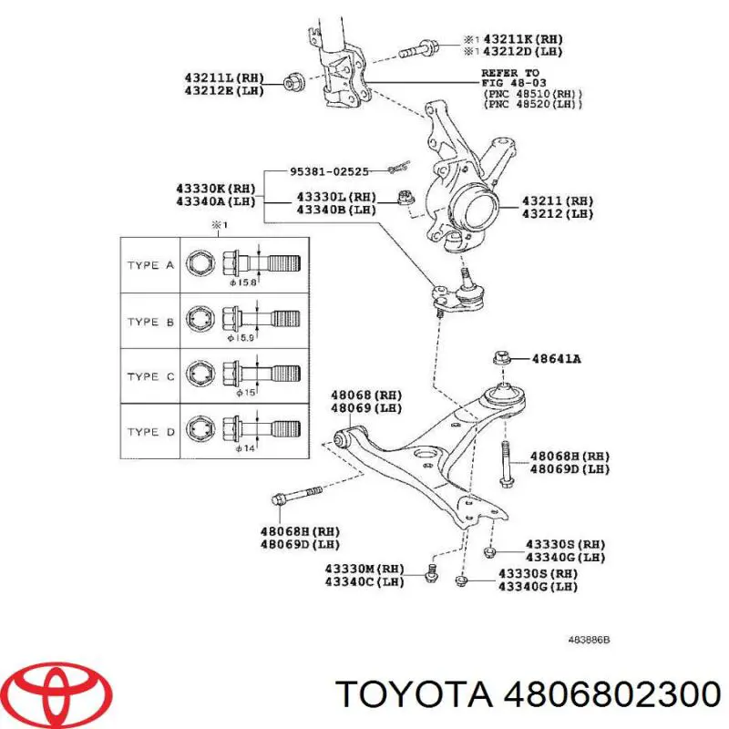 4806802300 Toyota barra oscilante, suspensión de ruedas delantera, inferior derecha