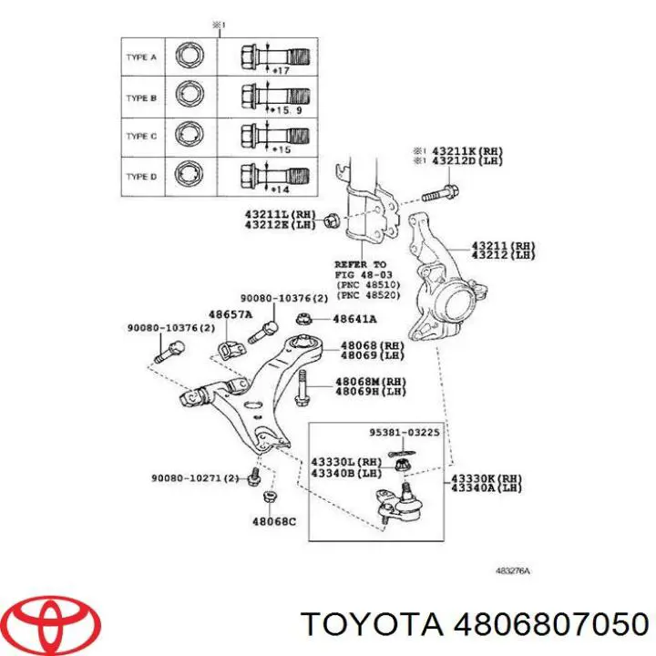 4806807050 Toyota barra oscilante, suspensión de ruedas delantera, inferior derecha